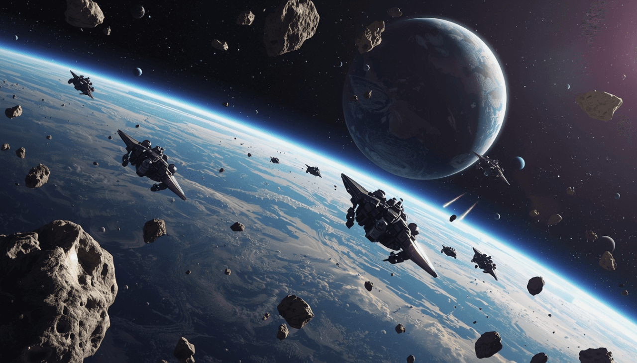 Deep space with industrial asteroids and glowing nebula