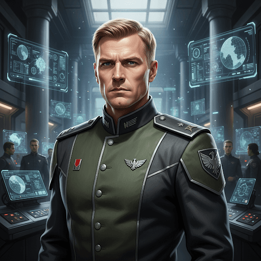 Futuristic industrial space hangar with human soldiers